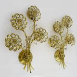 Large pair of vintage Palwa crystal and brass flower wall lights with 4 lights. 70s
