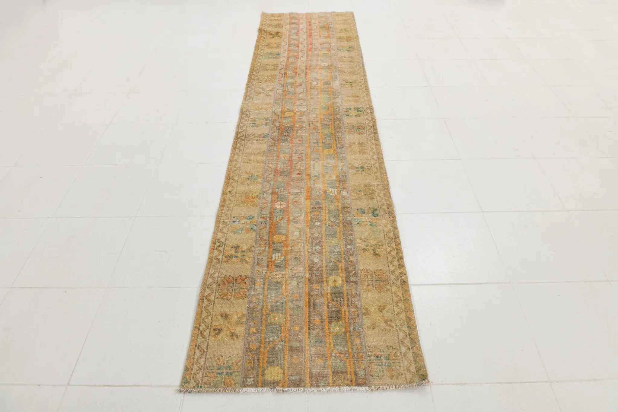 Long Narrow Vintage Persian Runner Rug, Brown & Orange Hallway Rustic Decor