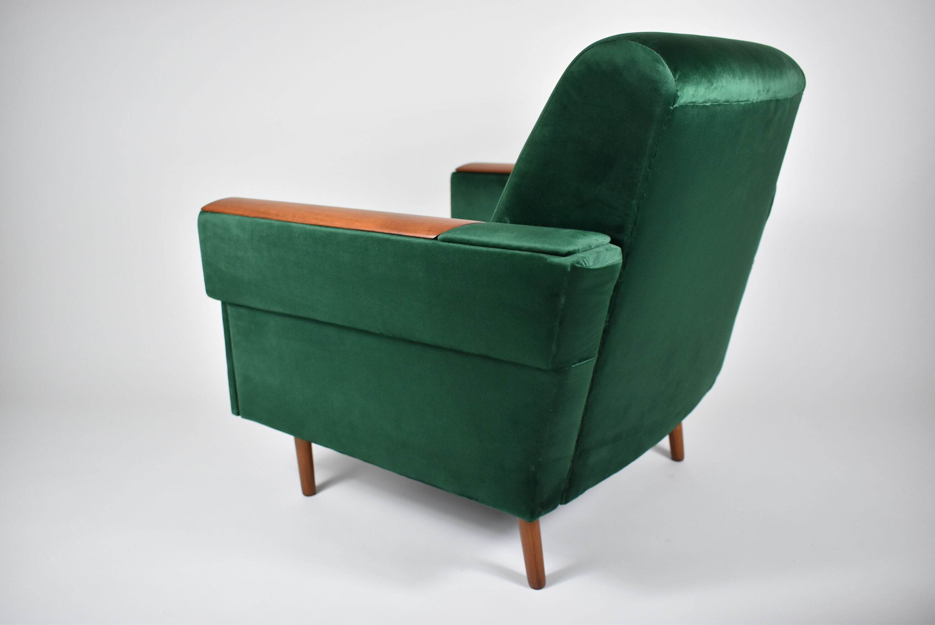 Vintage velvet armchair, 1960s, restored, green bottle