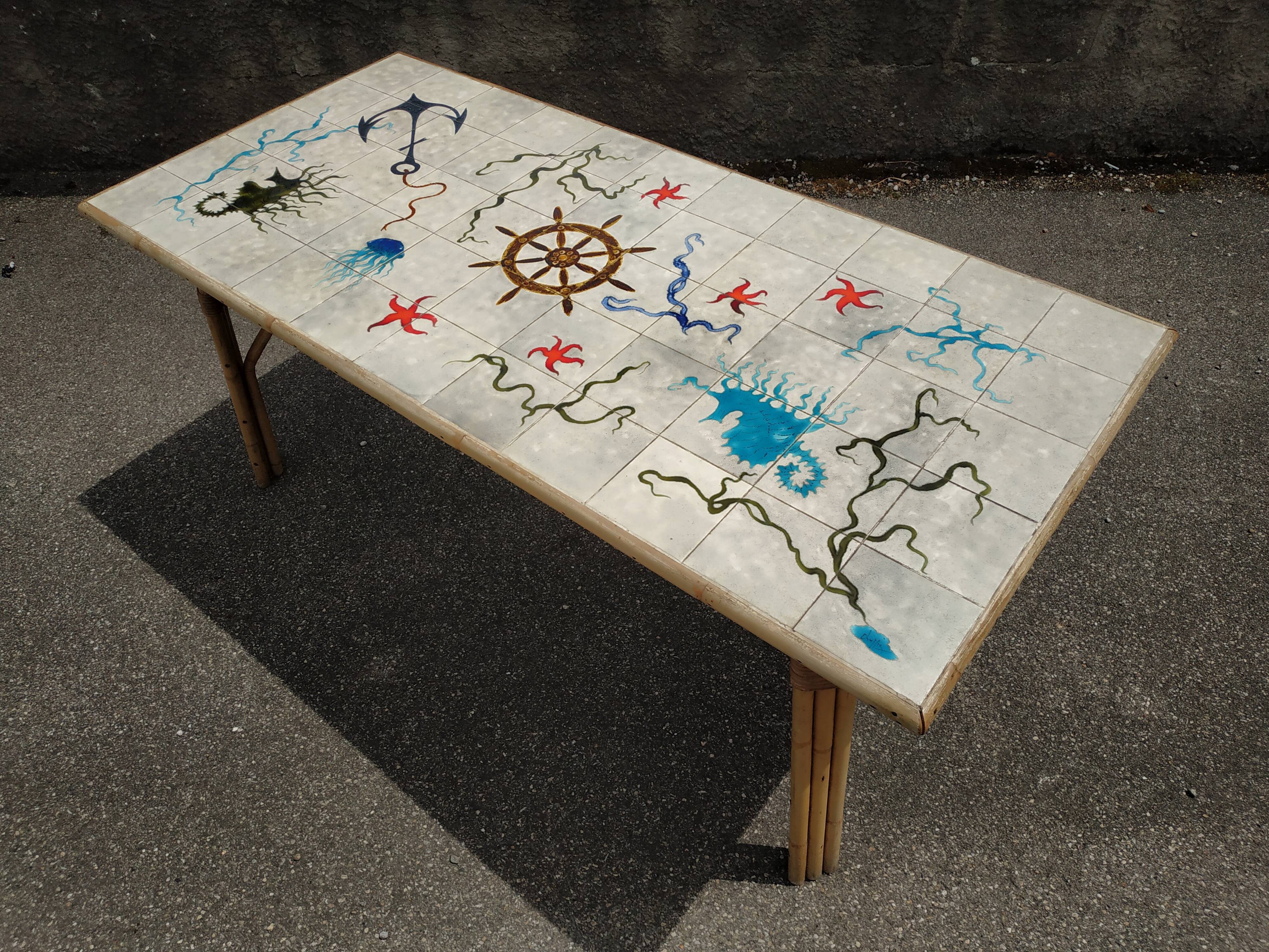 Vintage table in rattan Audoux and Minnet and ceramics Chassin 1950