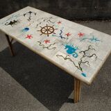 Vintage table in rattan Audoux and Minnet and ceramics Chassin 1950