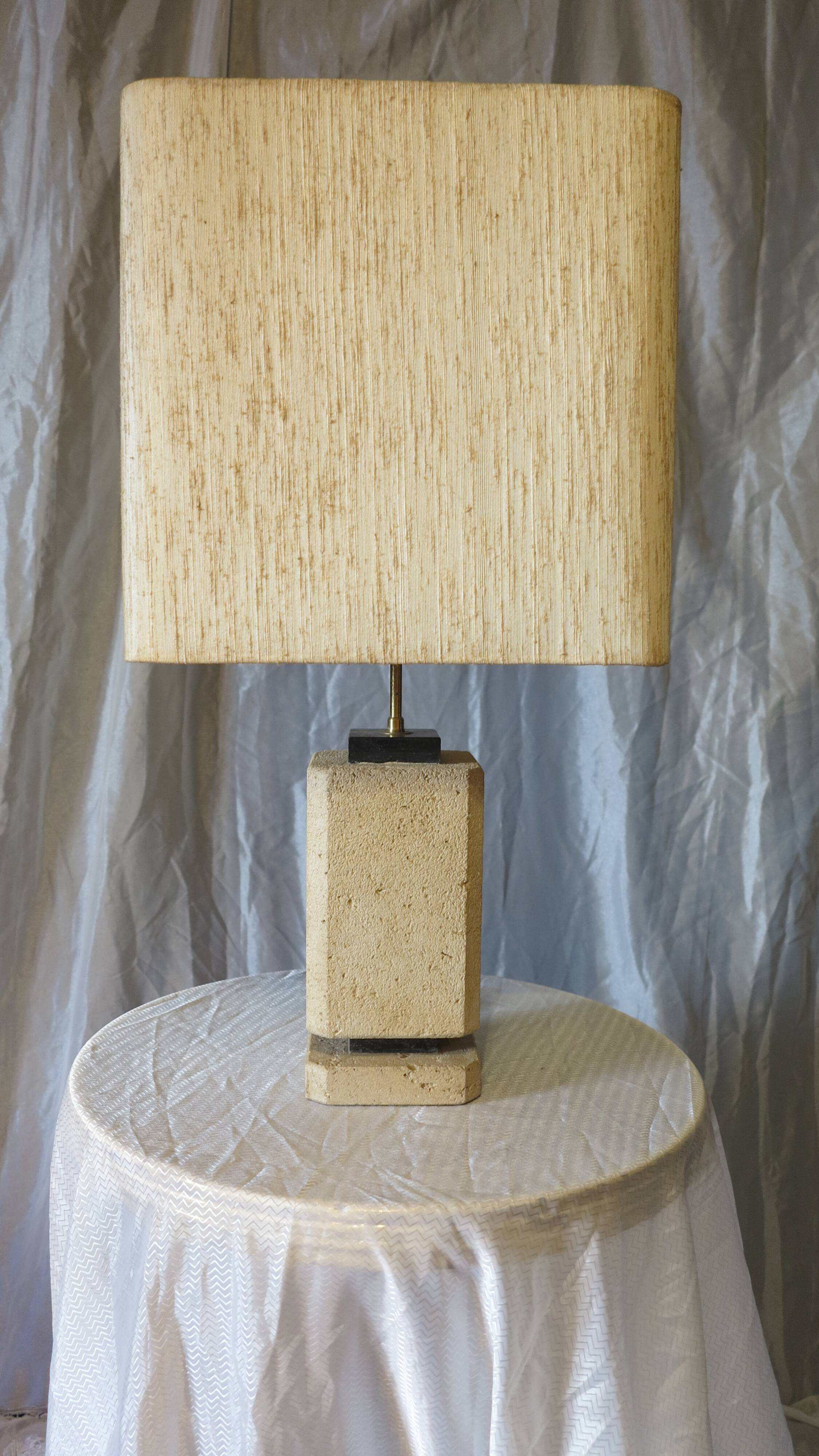 Stone, black marble and mottled silk table lamp