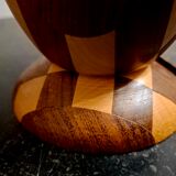 Bookends in exotic wood marquetry in the shape of a tambourine.