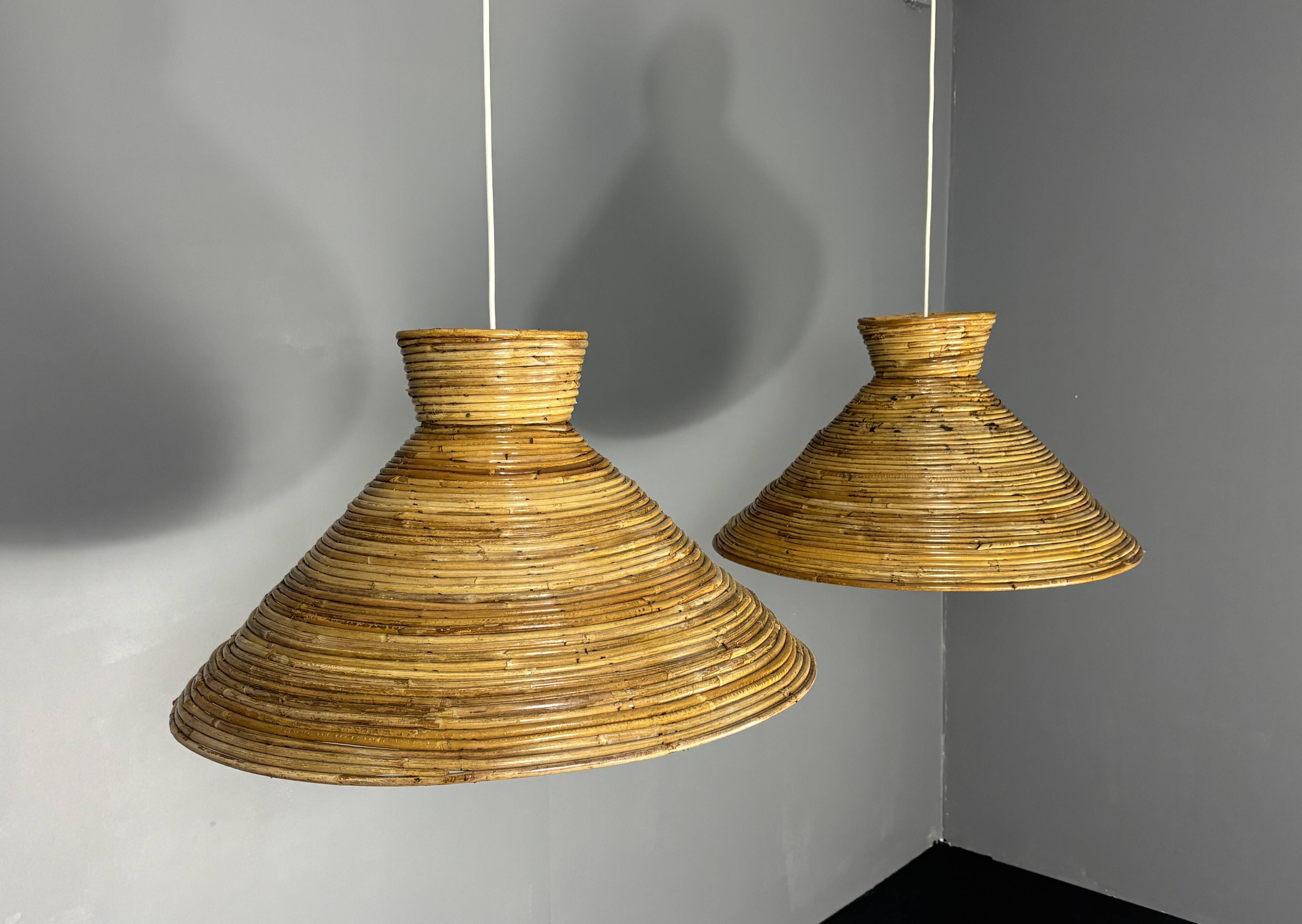 Midcentury pair pencil rattan large ( 62 cm ) pendants, Italy 1970s