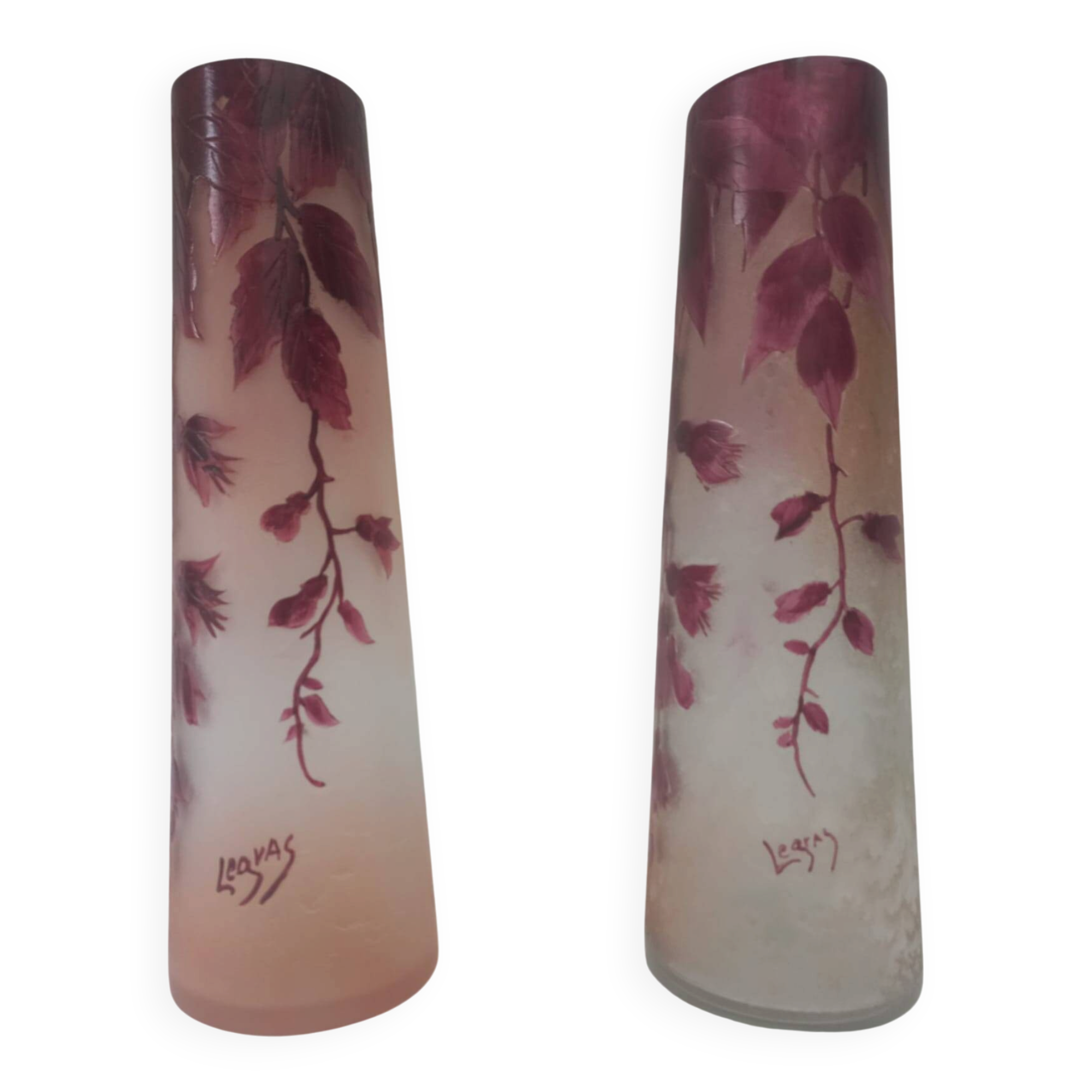 Pair of frosted ruby glass Legras vases