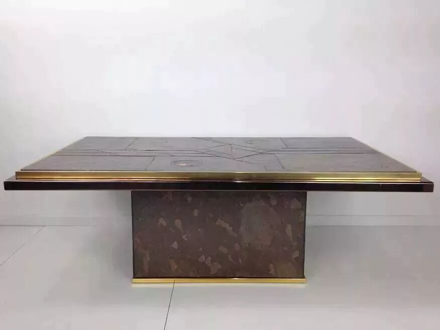 70s Brutalist Coffee Table in Brass, Bronze and Stone