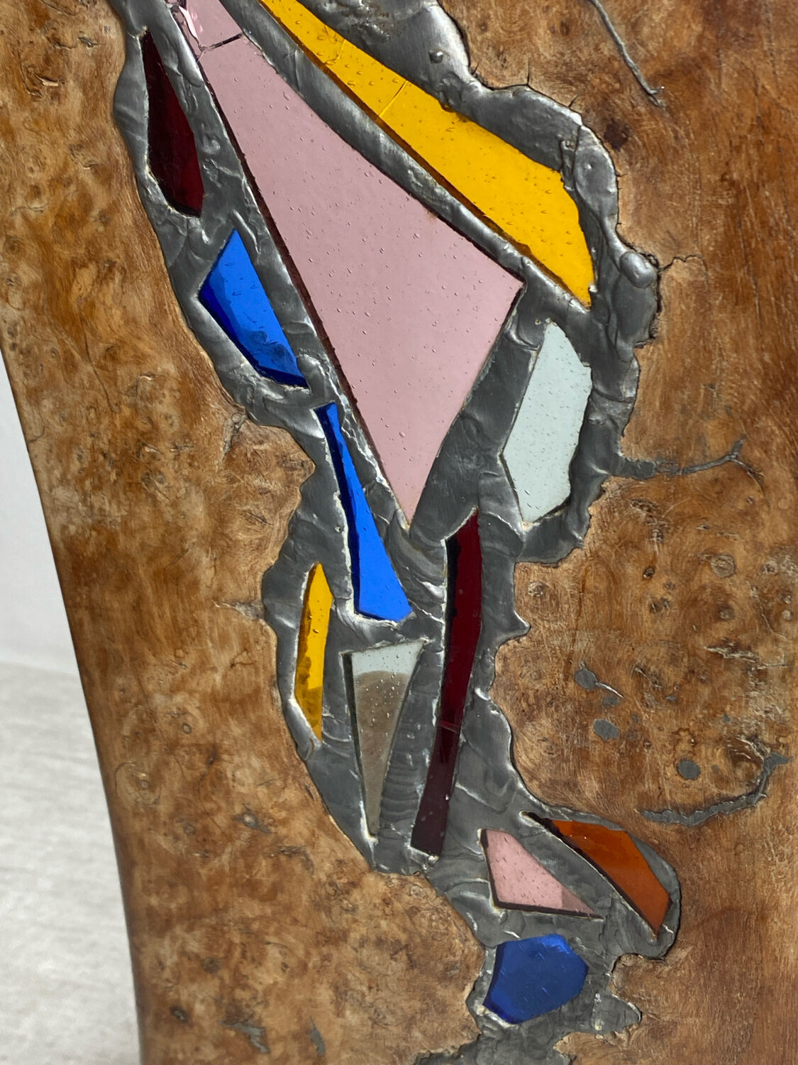 Carved wooden lamp and stained glass