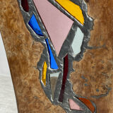 Carved wooden lamp and stained glass