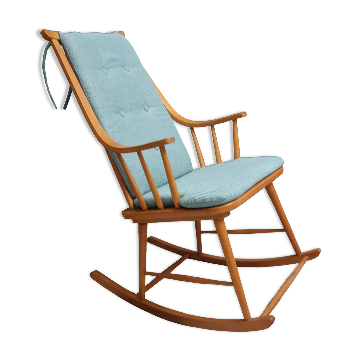 Mid century wooden rocking chair with blue upholstery  1960s