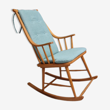 Mid century wooden rocking chair with blue upholstery  1960s