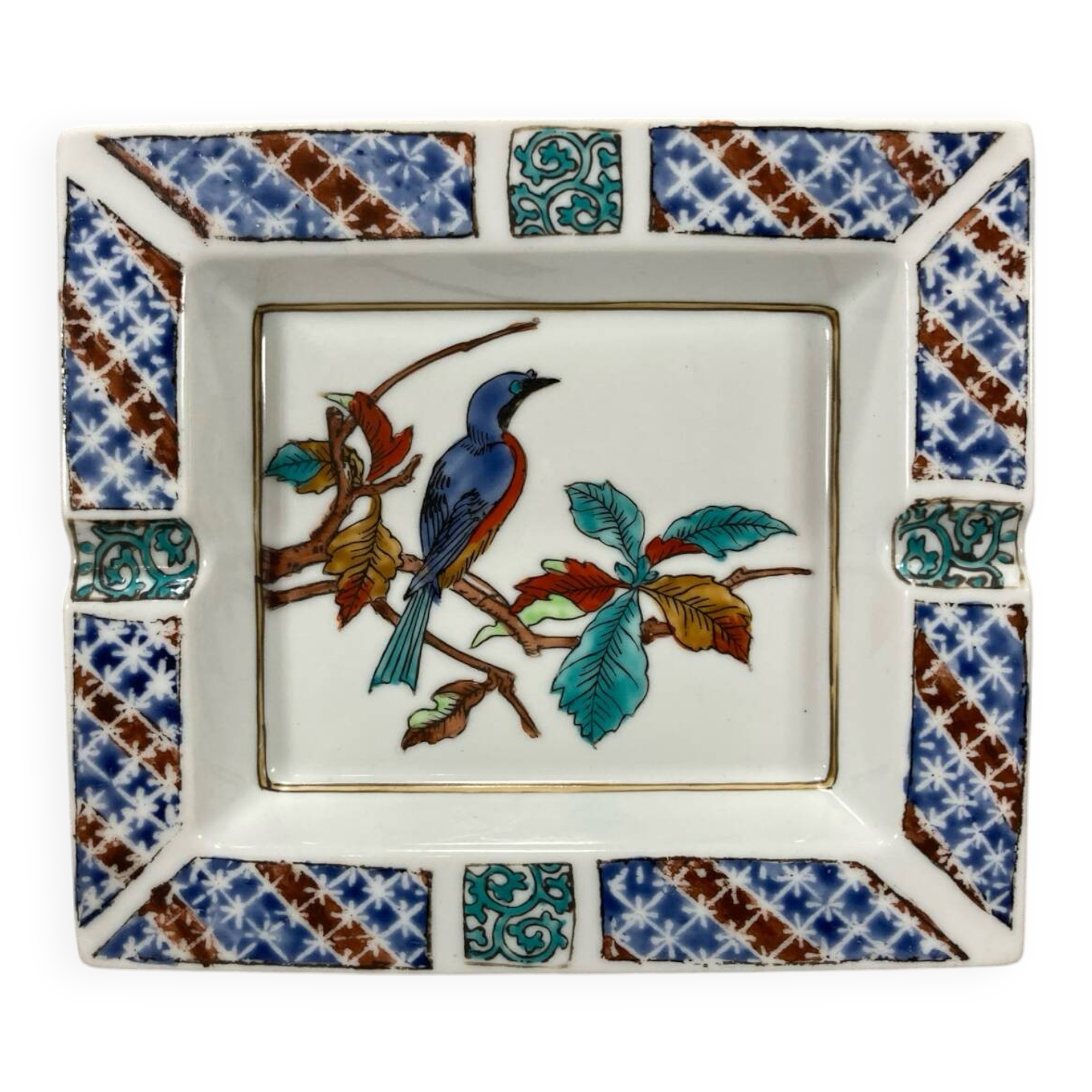 Ashtray. Trinket dish. Japanese porcelain. Blue bird on an autumn branch