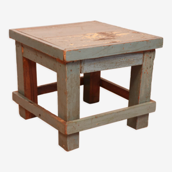 Old small workshop bedside table in original blue patina Burmese teak