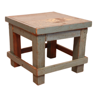 Table de chevet d'atelier en teck birman patine bleue d'origine