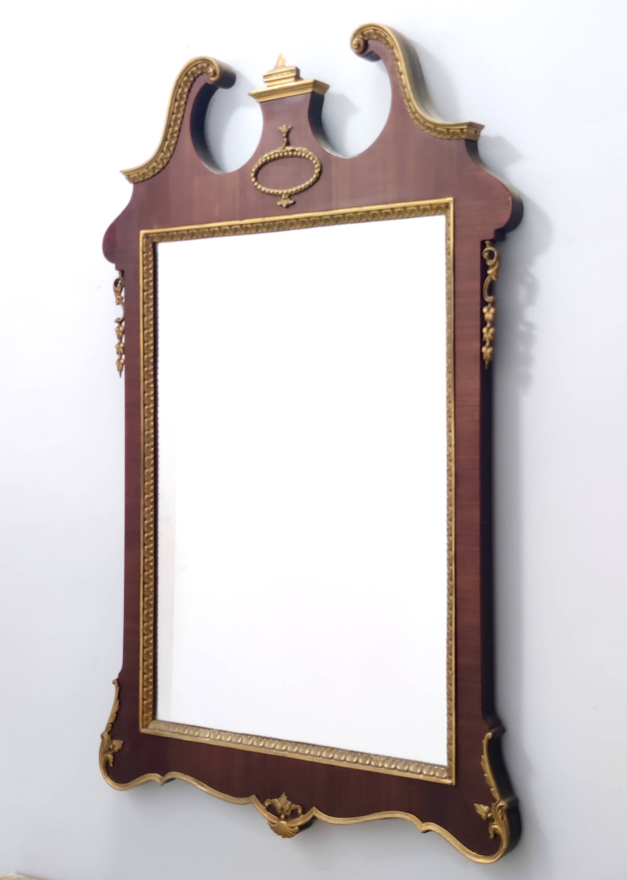Wall Mirror with Ebonized Beech Frame and Cast Brass Details, Italy