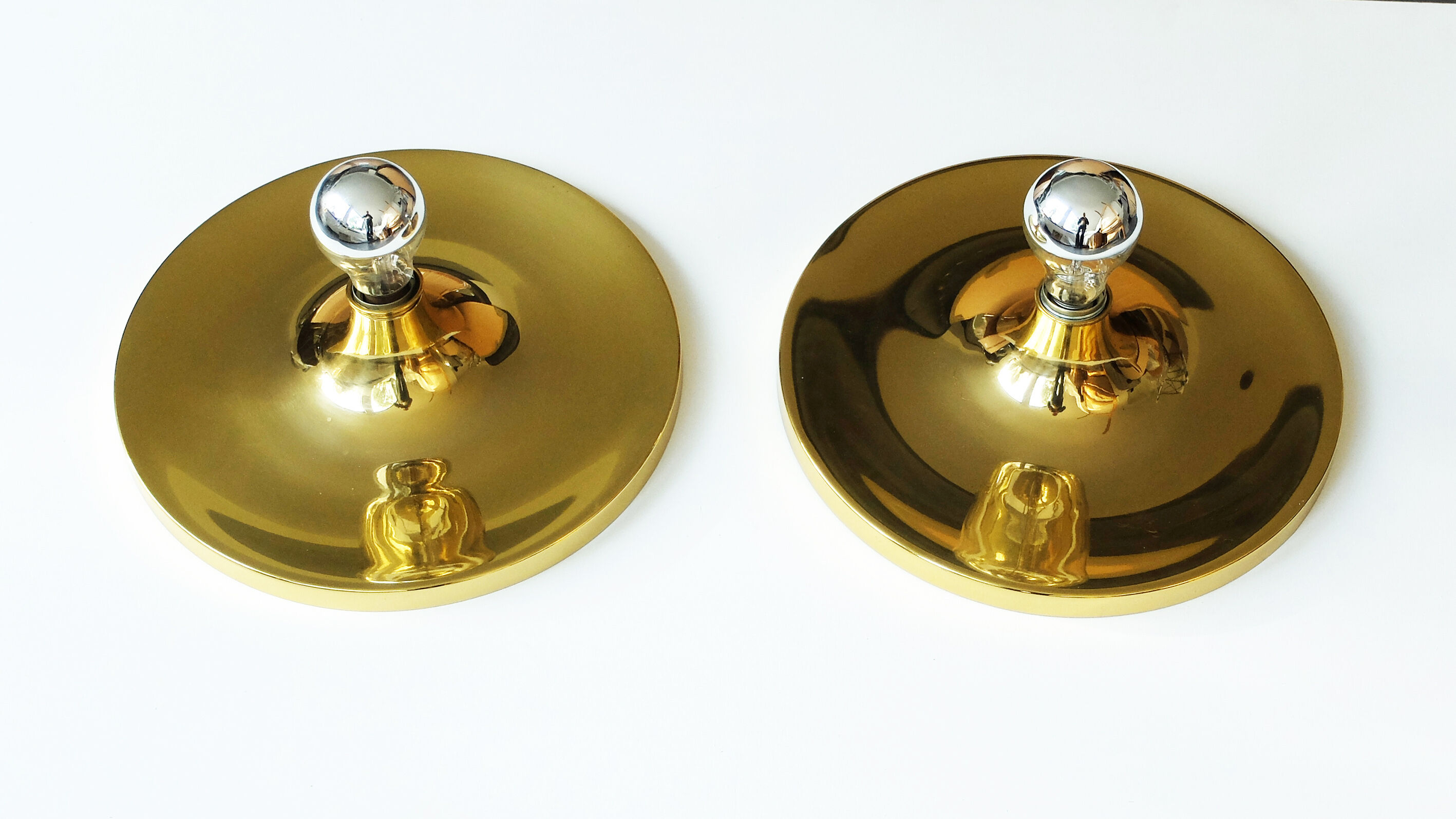 Pair of gold space-age wall lamps flush light gold sölken leuchten germany