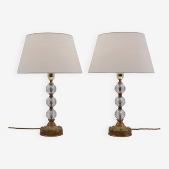 Pair of Art Deco table lamps, acanthus leaf, Maison Charles, crystal and gilded bronze, circa 1930s, French