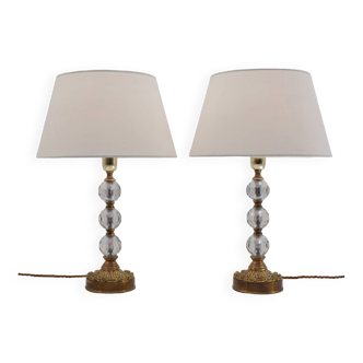 Pair of Art Deco table lamps, acanthus leaf, Maison Charles, crystal and gilded bronze, circa 1930s, French