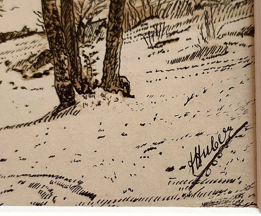 Painting signed HUBER - Watercolored Chinese ink - Snow landscape
