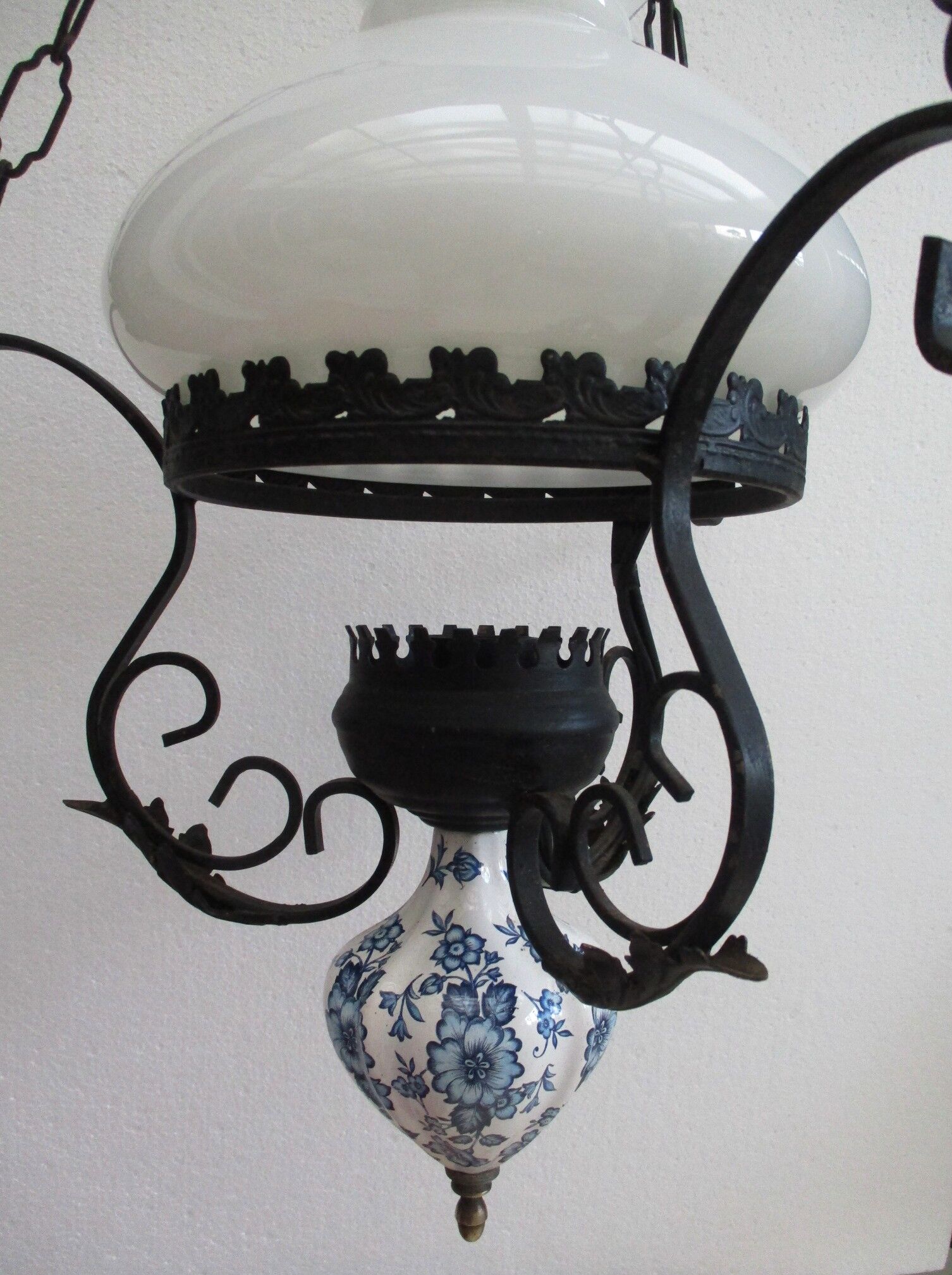 Vintage opaline and ceramic wrought iron chandelier