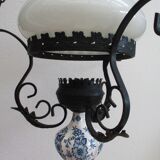 Vintage opaline and ceramic wrought iron chandelier