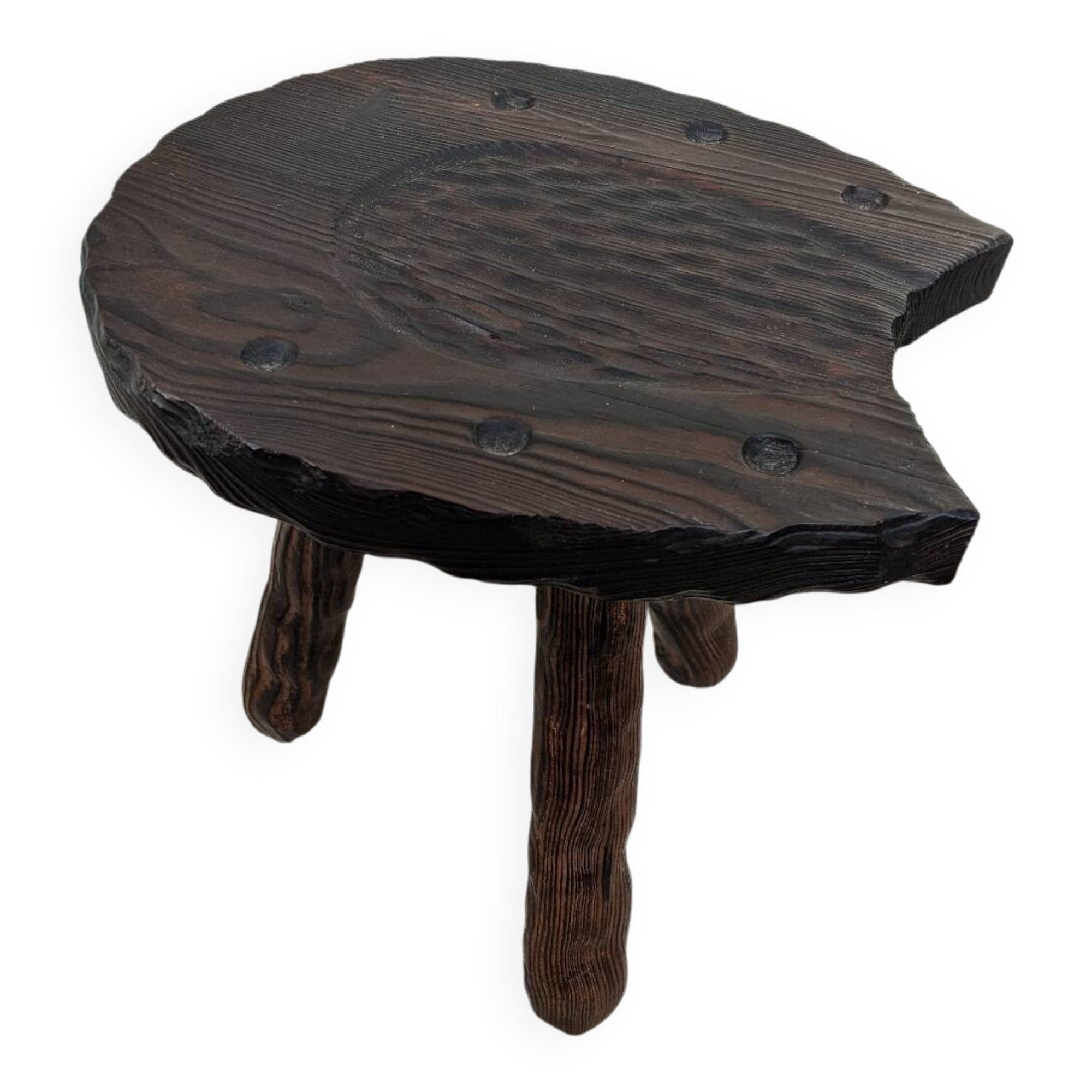 Tripod stool, horseshoe, rustic brutalist decoration.