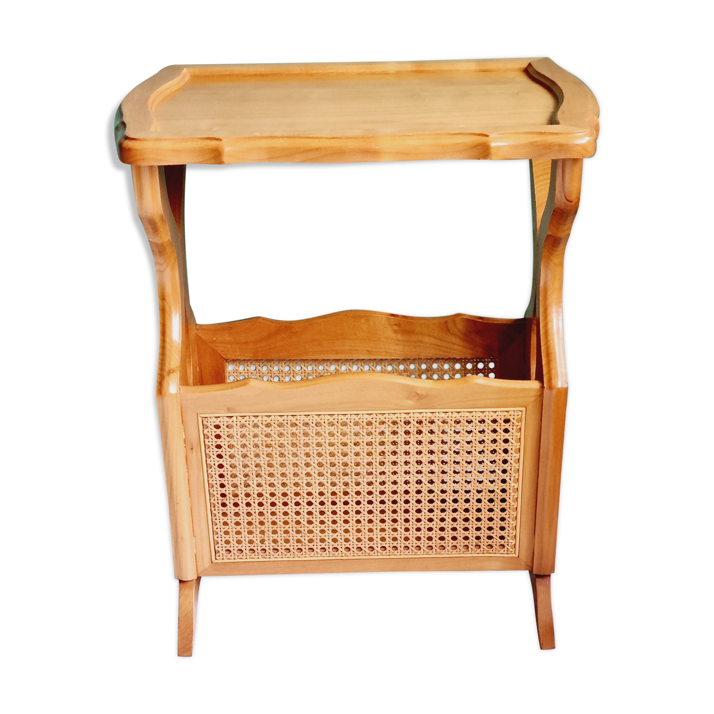 Side table with wooden and cane magazine holder