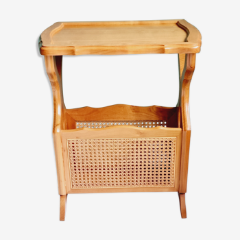 Side table with wooden and cane magazine holder