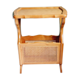 Side table with wooden and cane magazine holder