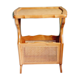 Side table with wooden and cane magazine holder