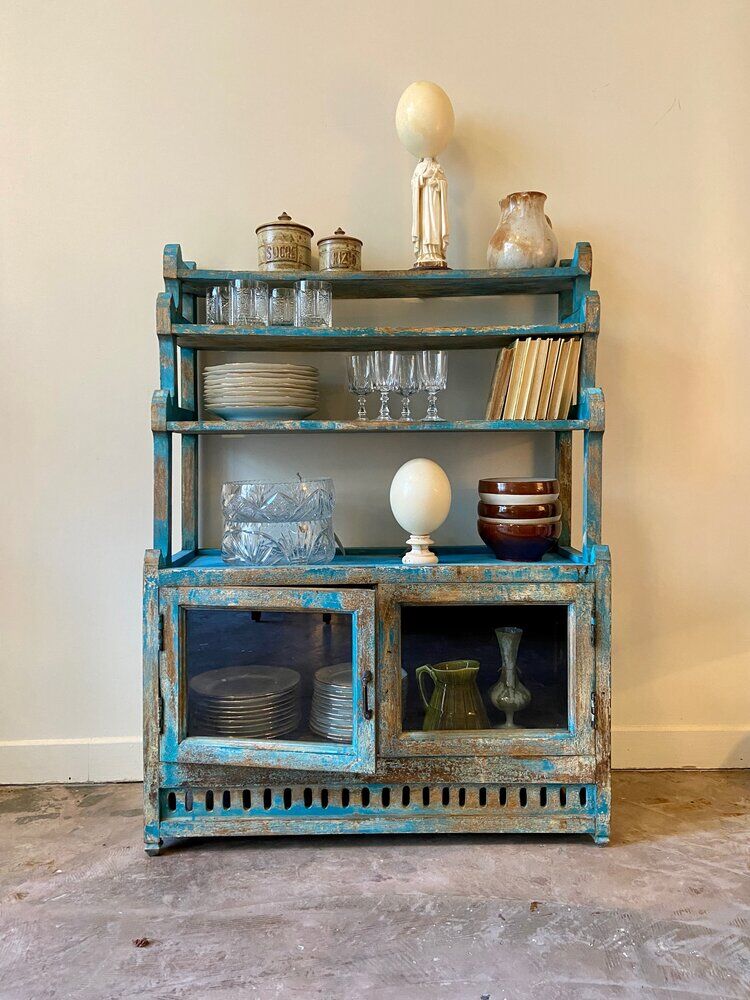 Sideboard 4 shelves and 2 glass doors in blue wood