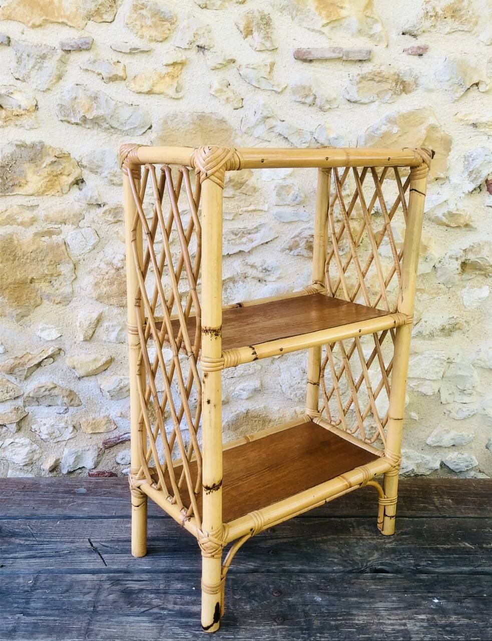 Wall shelf blond wood, bamboo, vintage rattan