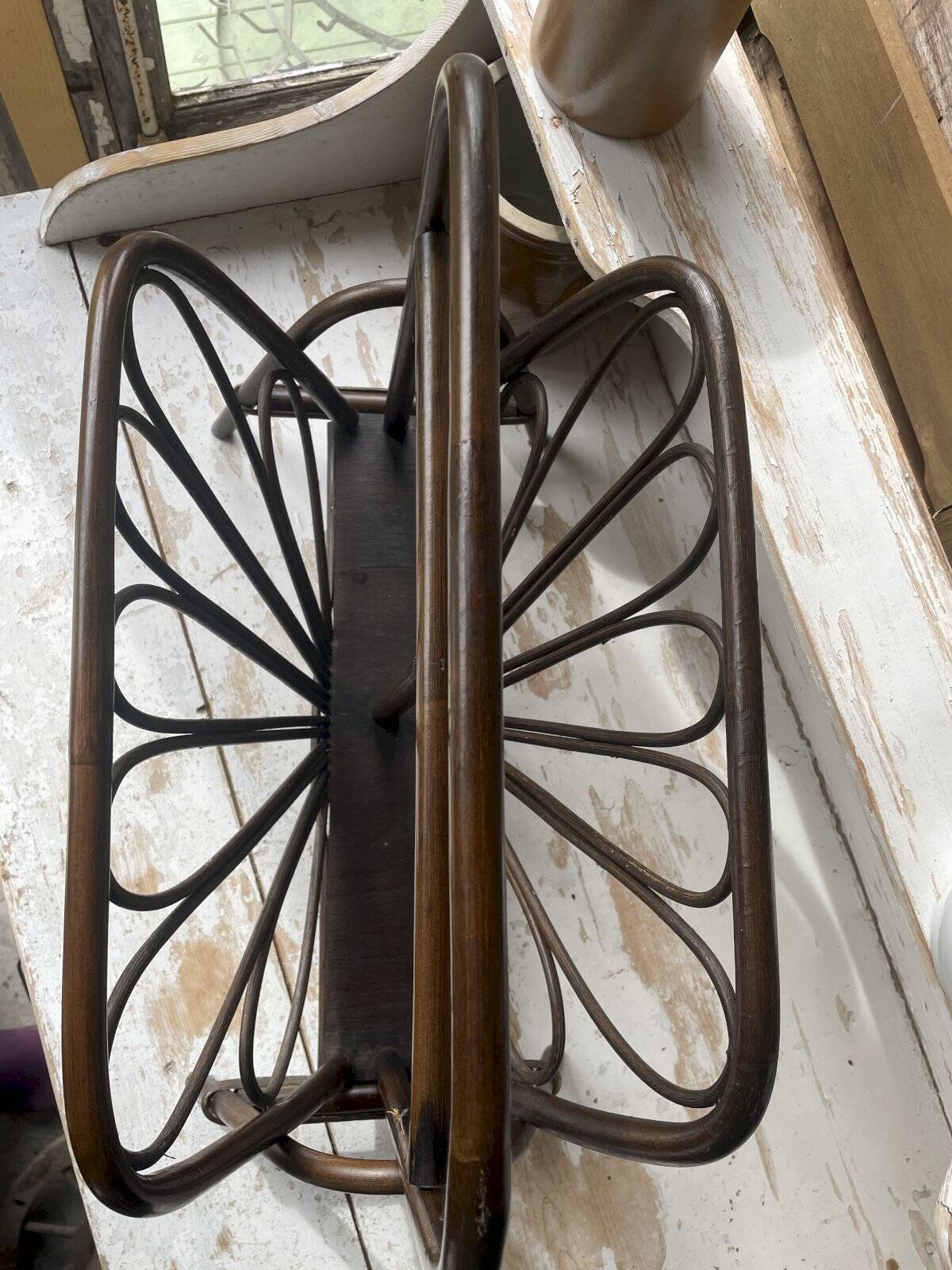 Vintage turned wood and rattan magazine rack