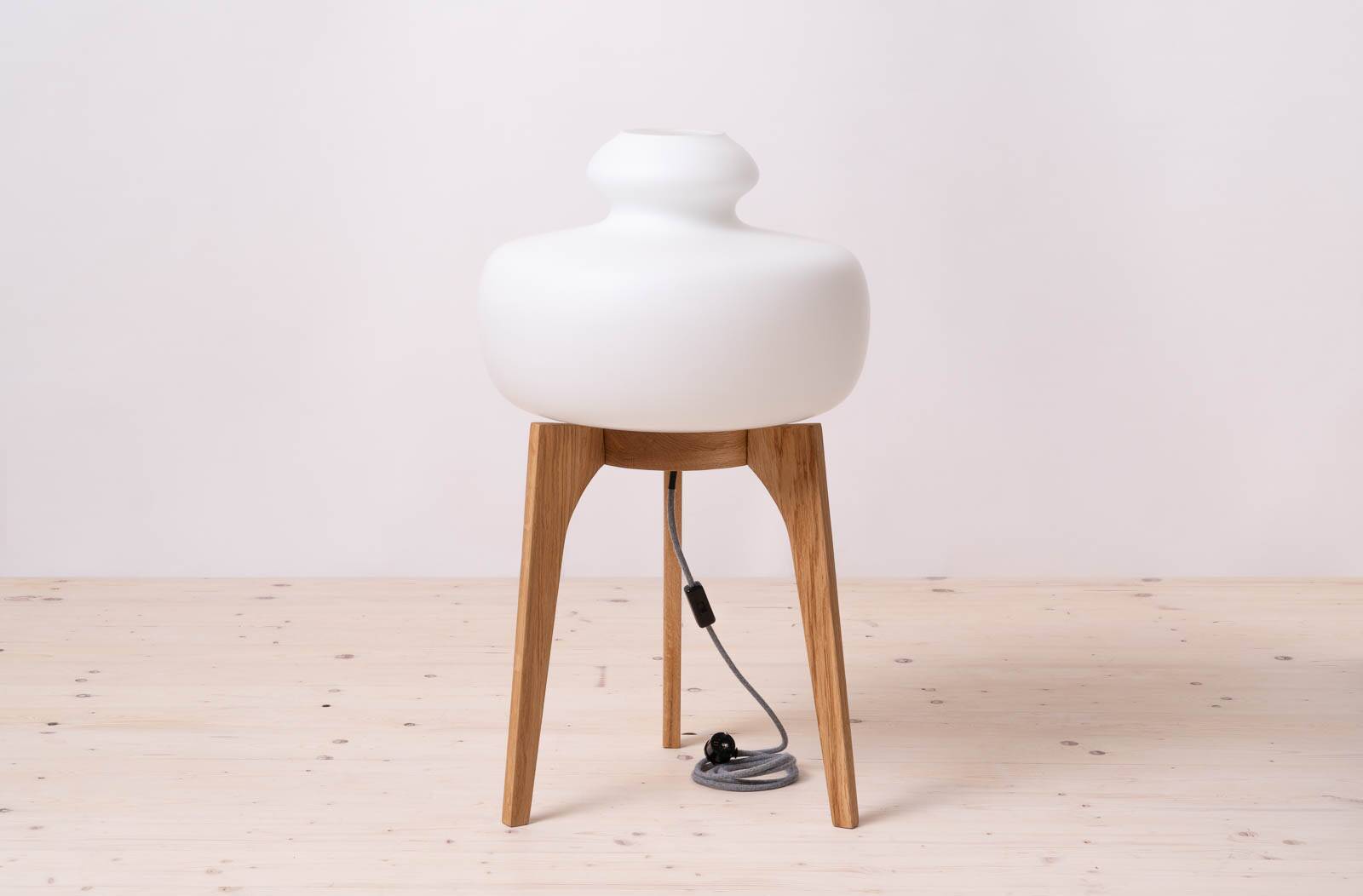 Space Age Floor Lamp, White Glass Lampshade, Wooden Base, 1960s