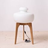 Space Age Floor Lamp, White Glass Lampshade, Wooden Base, 1960s