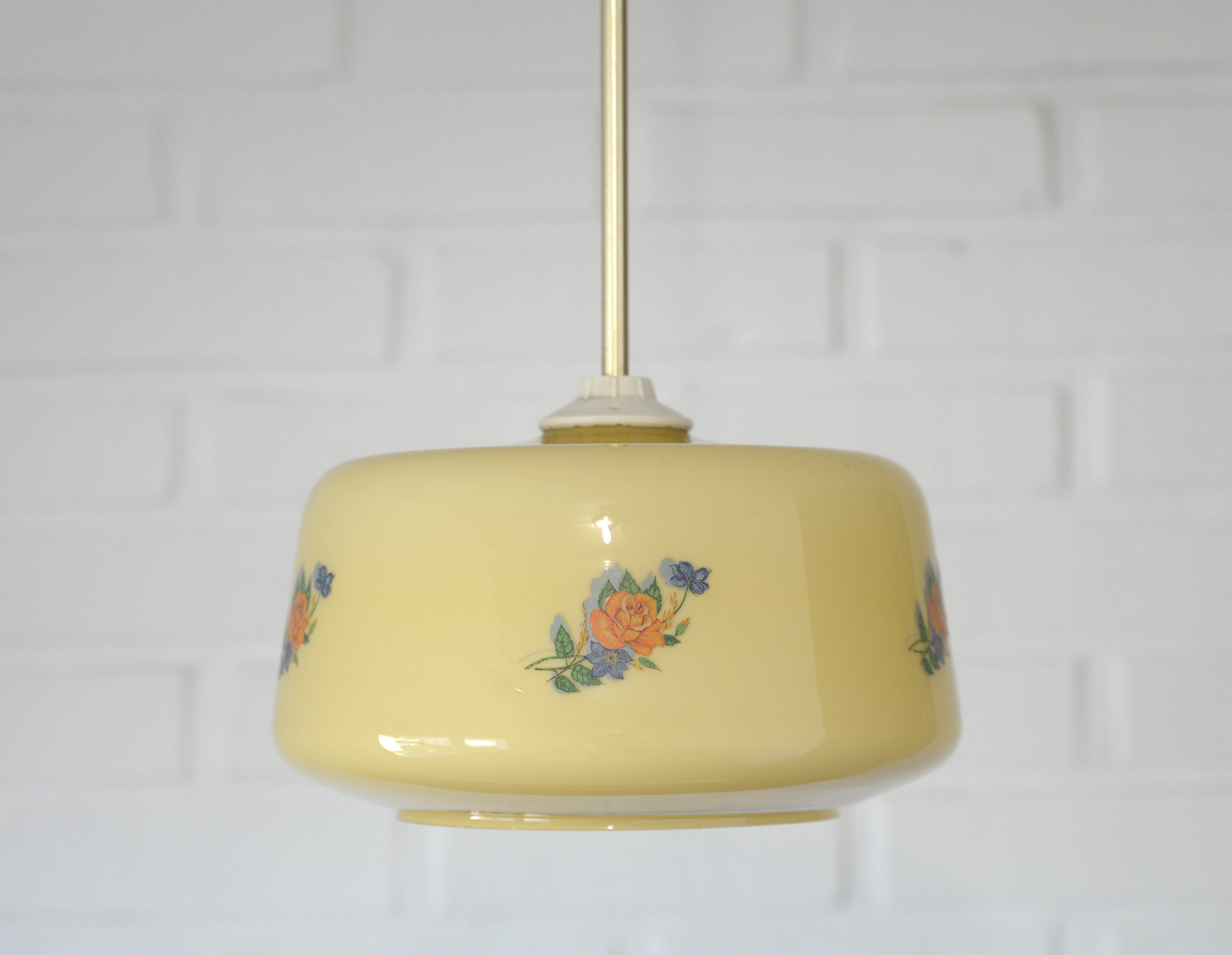 Vintage Beige Pendant Light / Retro Kitchen 1950 / Mid Century Glass Lamp