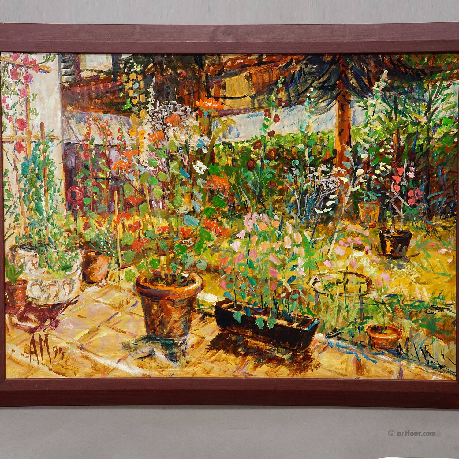 Terrasse avec pot de géranium, 1994 – Peinture à l'huile par Alexander Michael