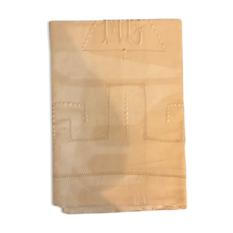 Drap brodé ancien, monogramme brodé MG, 220x348