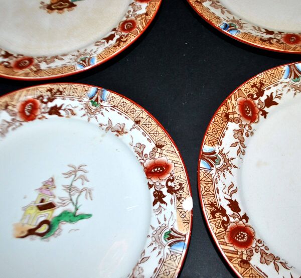 Sarreguemines service à dessert 12 assiettes faïence opaque bambou décor chinois asiatique polychrome