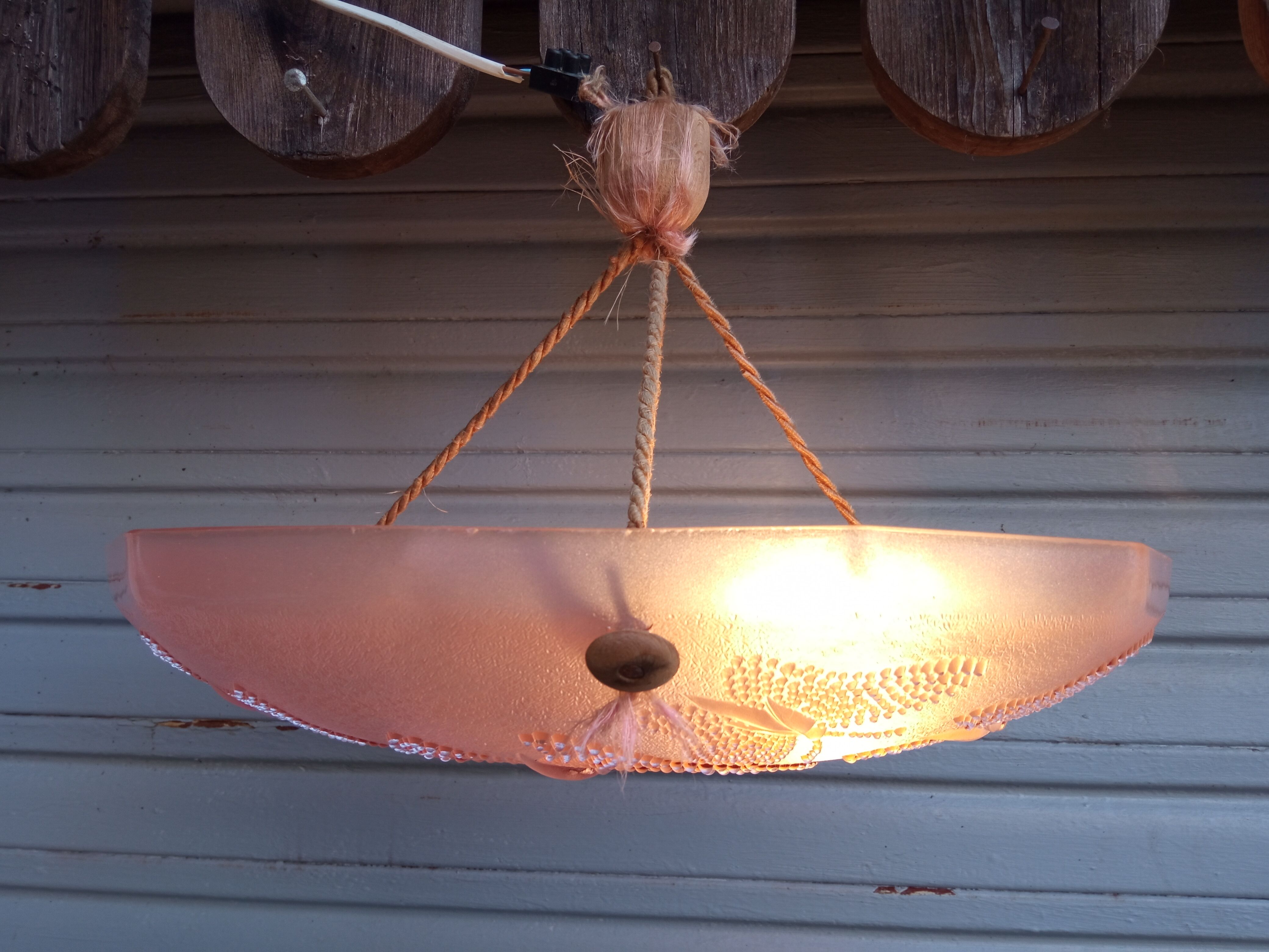 Art Deco ceiling lamp in pink pressed molded glass -