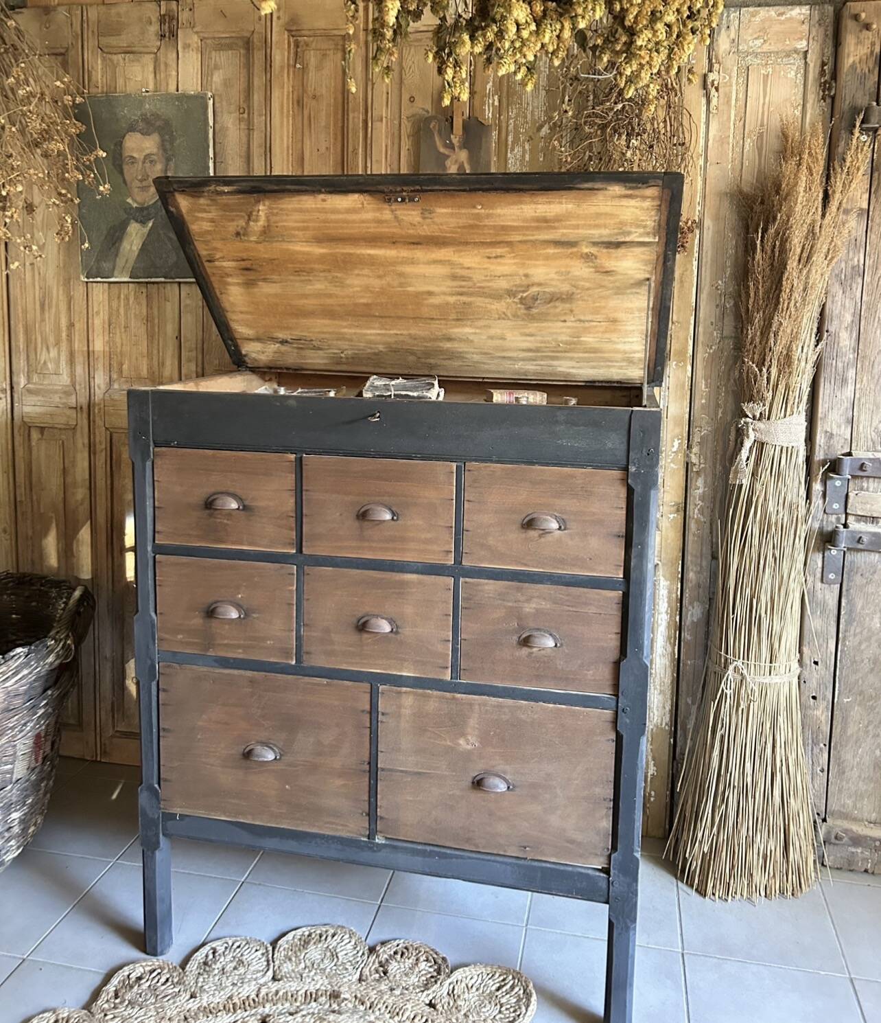 Old workshop drawer unit with a folding top.