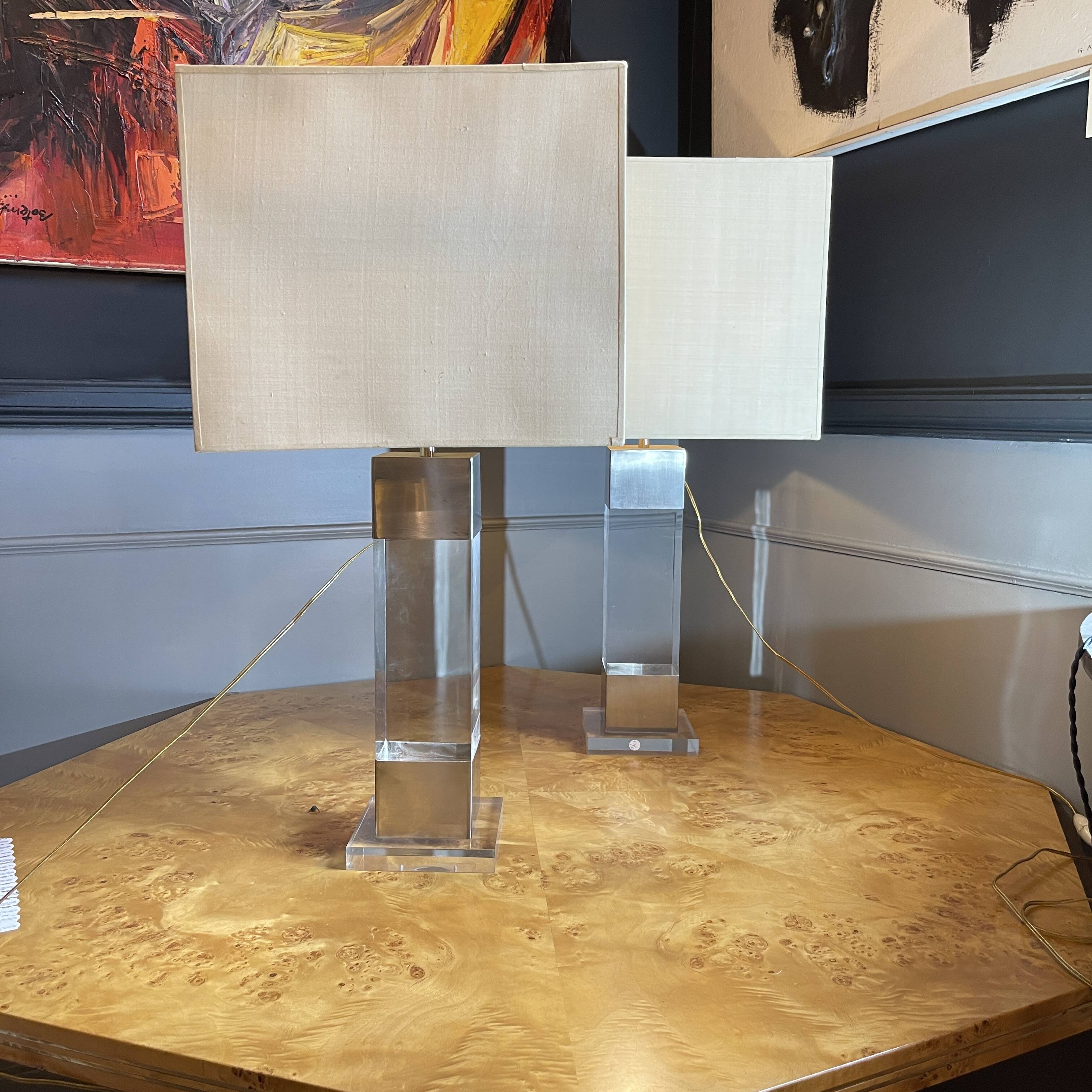 Pair of Plexiglass & Brushed Steel Lamps, Charles Hollis Jones, 1970s