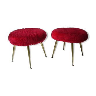 Pair of four-foot stools in vintage red moumoute
