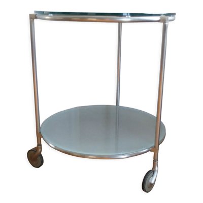 Guéridon en inox 1970, à deux plateaux en Verres