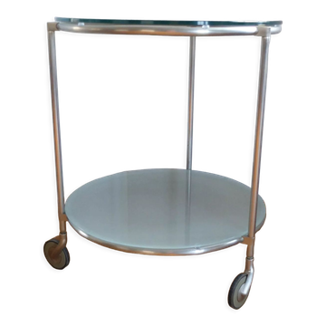 Guéridon en inox 1970, à deux plateaux en Verres