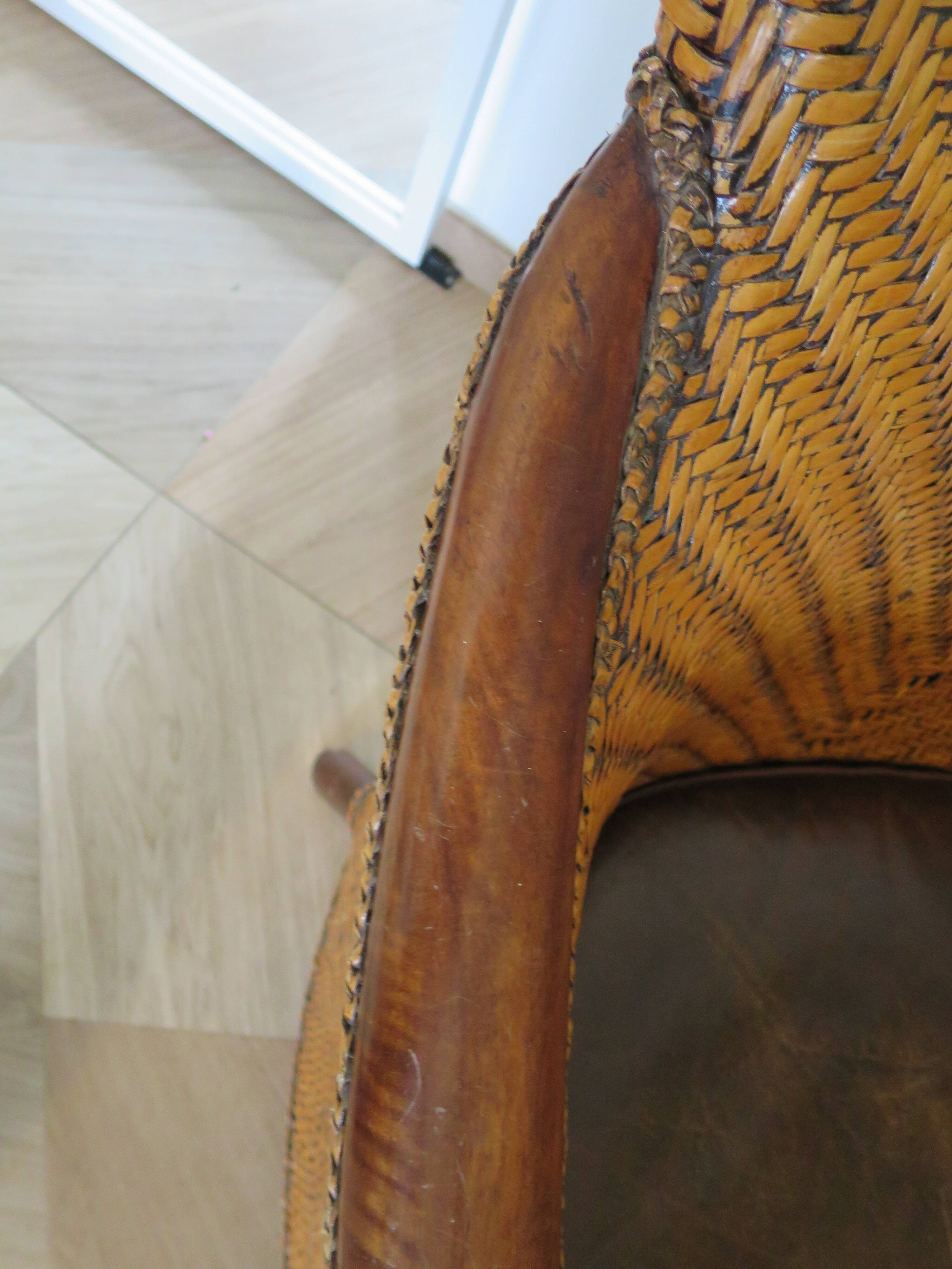 Fauteuil Style Colonial-Rotin tressé-Vintage-coussin simili cuir