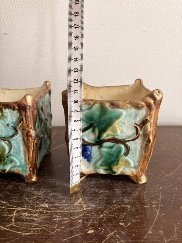 Ancien Paire Jardinière Cache Pot Barbotine aux Lierres XIXème Majolica