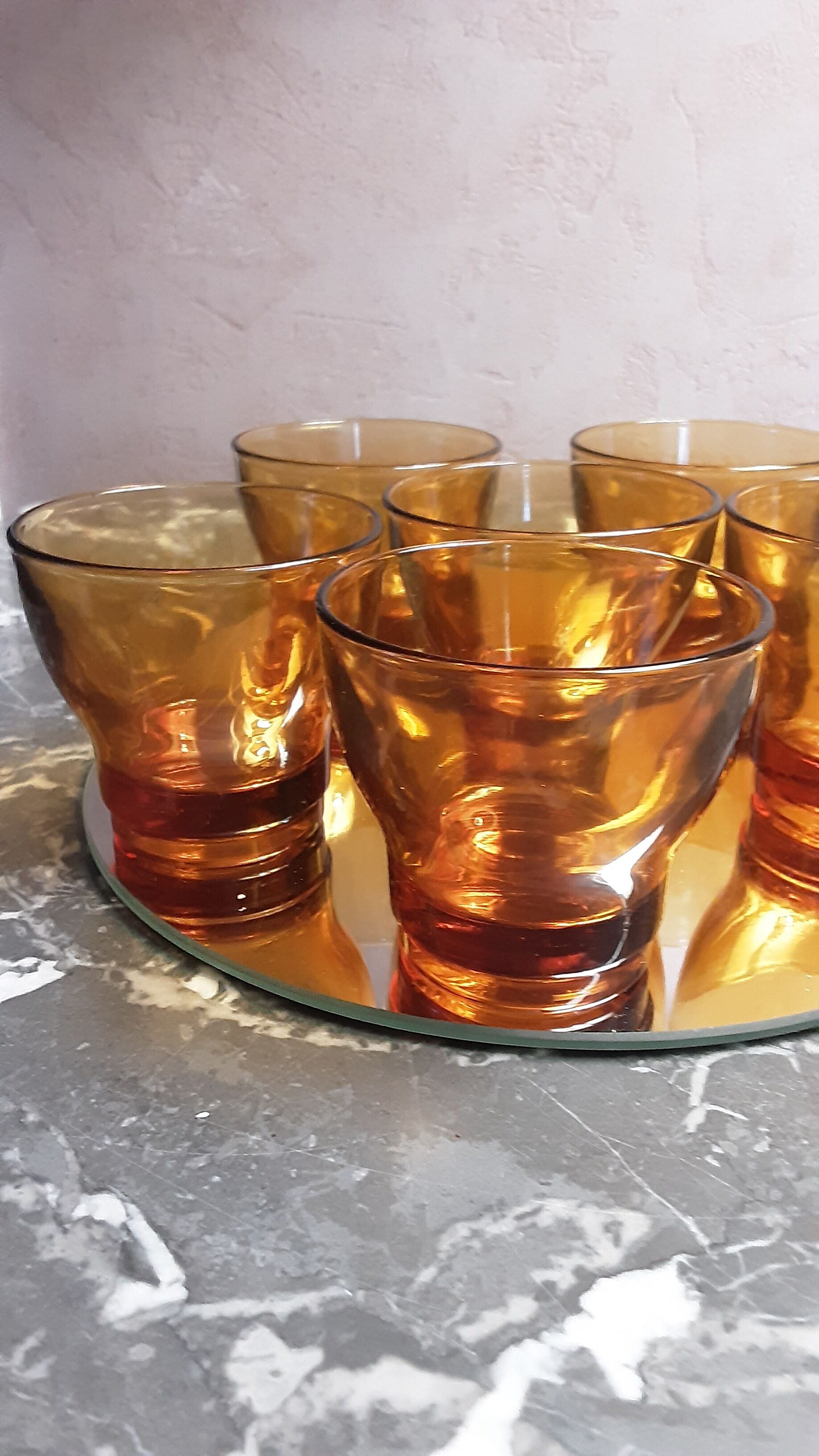 Lot 6 cups of amber smoked glass coffee - vintage