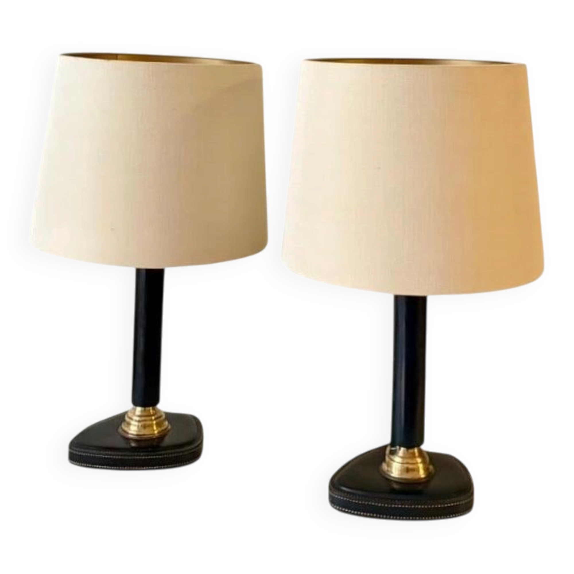 1950s Jacques Adnet Table Lamps in Navy Blue Leather & Bronze