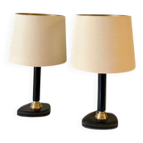 1950s Jacques Adnet Table Lamps in Navy Blue Leather & Bronze