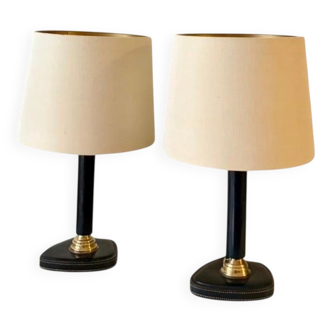 1950s Jacques Adnet Table Lamps in Navy Blue Leather & Bronze